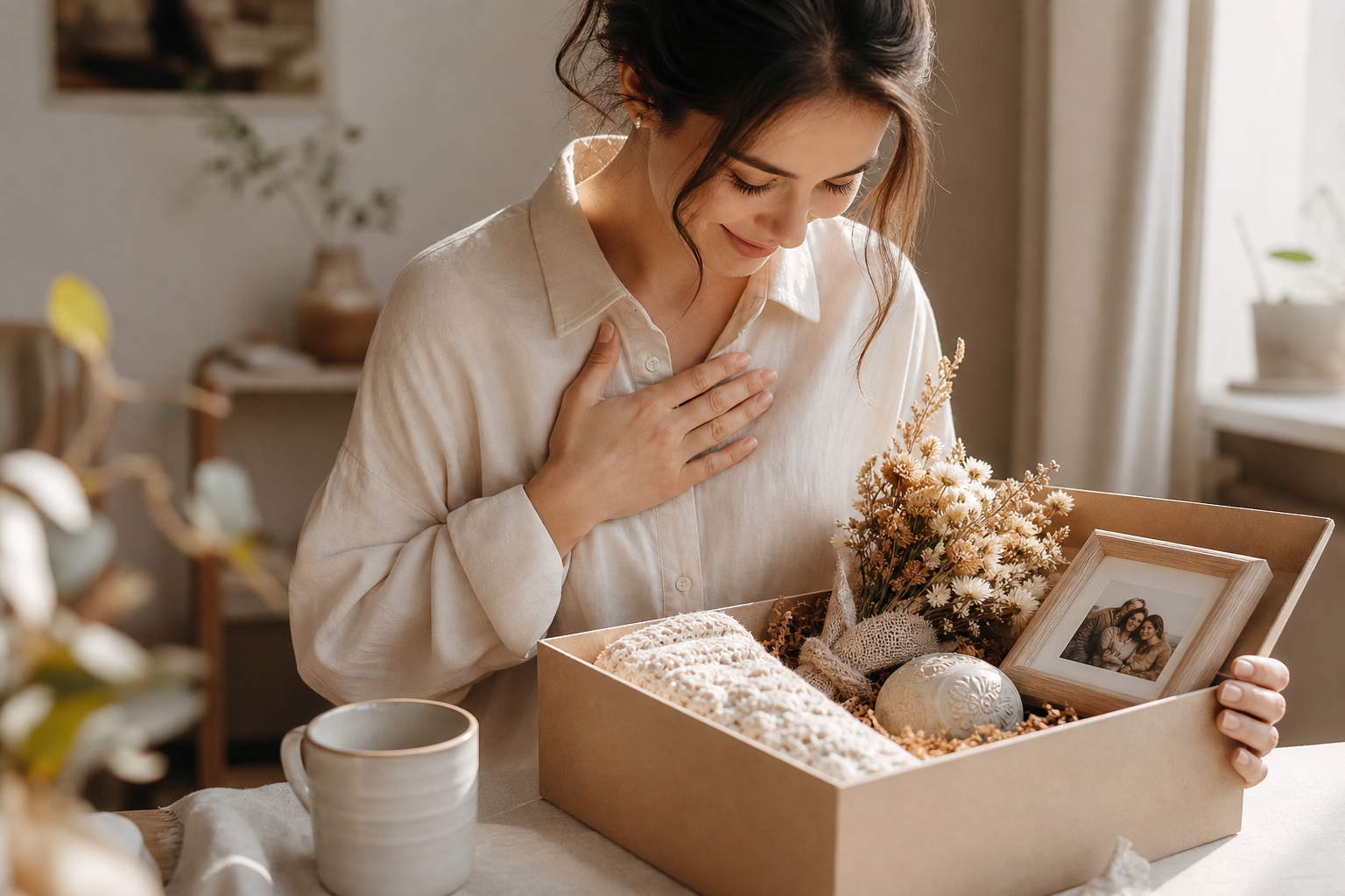 Editorial lifestyle scene of a thoughtful gift-giving moment centered on emotional, meaningful presents: a beautifully arranged handmade gift box with dried flowers, a small decorative keepsake, a framed photo, and a delicate artisan object on a cozy table in a softly lit home interior. Show warm natural light, muted pastel tones, elegant neutral styling, and subtle signs of affectionate home decor that feels personal and lasting. Include a person gently holding or admiring the gift, conveying gratitude, surprise, and emotional connection. Composition should feel intimate, modern, and serene, with a premium editorial aesthetic, shallow depth of field, soft shadows, and tasteful minimalism. No text, no logos, no branding.