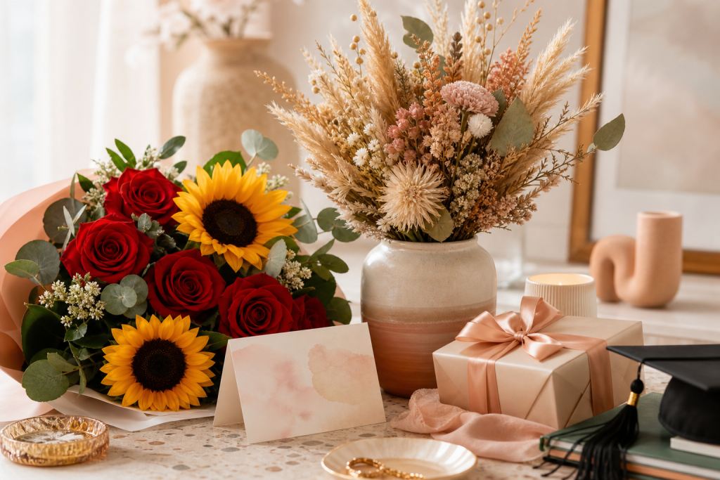 Editorial lifestyle still life illustrating the timeless gift of flowers and dried flower arrangements for special occasions: an elegant composition on a softly lit table with a fresh bouquet of red roses and sunflowers beside a sophisticated dried flower arrangement in a ceramic vase, a small handwritten card, wrapped gift box, and subtle decorative pieces suggesting celebration, gratitude, apology, love, graduation, and new beginnings; warm natural light, refined color palette of blush, cream, terracotta, and green, airy modern home setting, premium floral styling, high detail, realistic textures, shallow depth of field, no text, no logos, no people