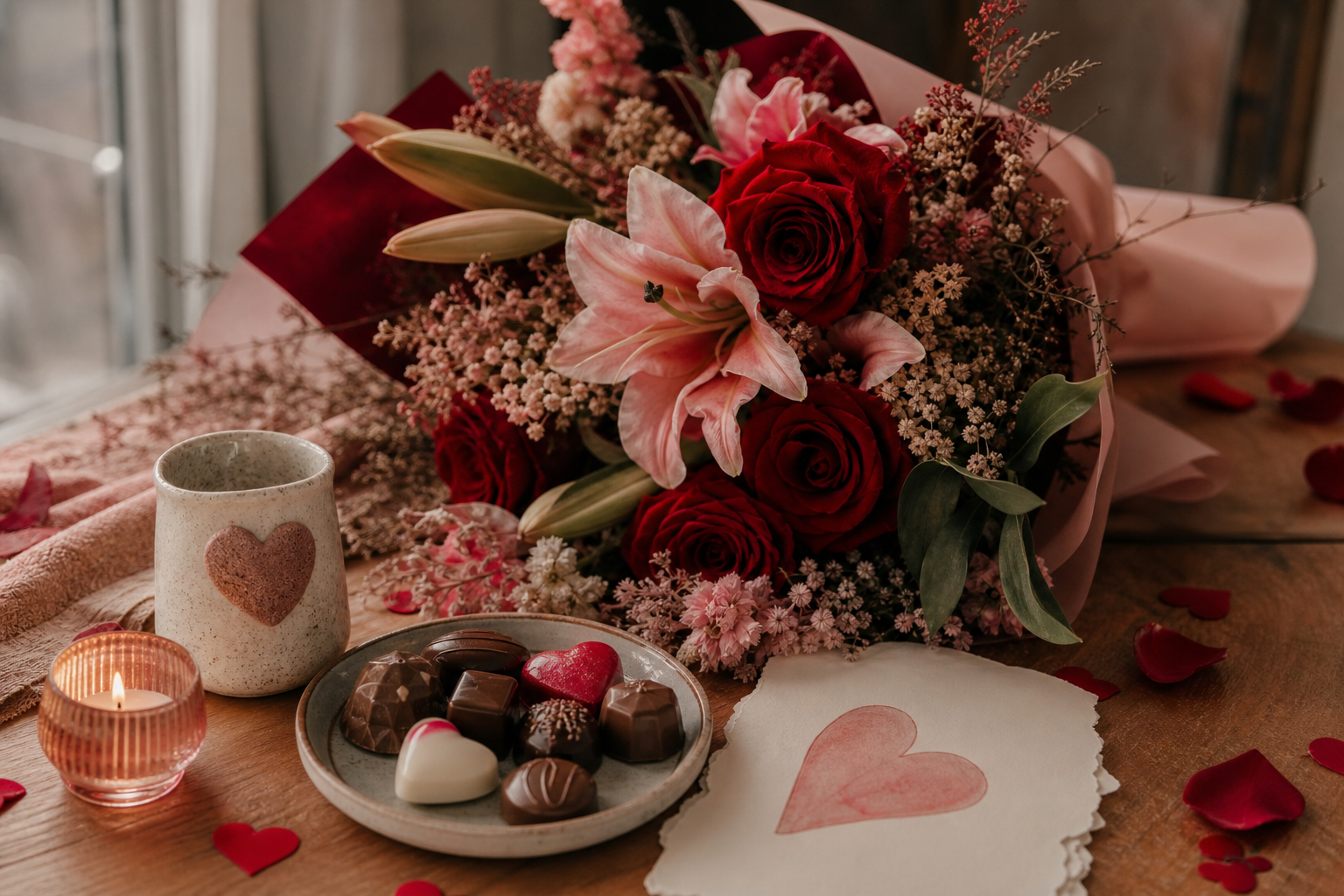 Editorial romantic still life for Valentine’s Day: a beautifully arranged bouquet of red roses mixed with elegant lilies and delicate dried flowers, paired with artisanal chocolates, a handwritten love note, a small scented candle, and a handmade ceramic gift on a warm wooden table; soft natural window light, intimate cozy atmosphere, subtle heart-shaped petals scattered nearby, modern romantic styling, refined color palette of deep red, blush pink, cream, and muted earth tones, shallow depth of field, high-detail, premium lifestyle photography, no text, no logos, no branding